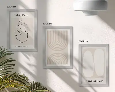 Conjunto de 3 quadros decorativos com linhas elegantes e formas minimalistas em tons neutros