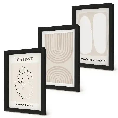 Conjunto de 3 quadros decorativos com linhas elegantes e formas minimalistas em tons neutros