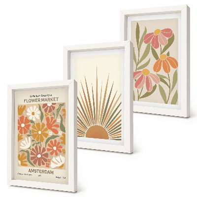 Tríptico com moldura Flores em tons pastel com raios de sol