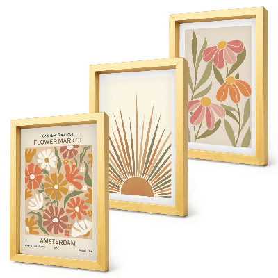 Tríptico com moldura Flores em tons pastel com raios de sol
