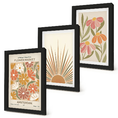 Tríptico com moldura Flores em tons pastel com raios de sol