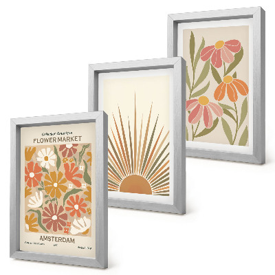 Tríptico com moldura Flores em tons pastel com raios de sol