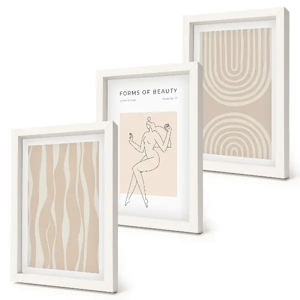 Conjunto de 3 quadros decorativos com padrões abstratos e decorações boho delicadas