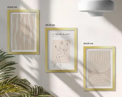 Conjunto de 3 quadros decorativos com padrões abstratos e decorações boho delicadas