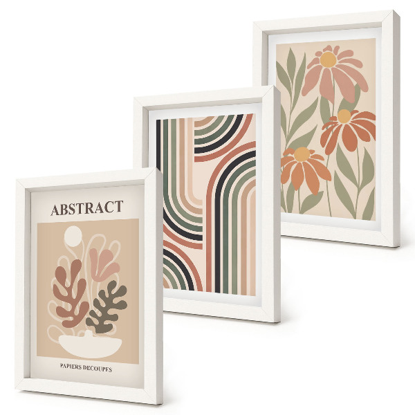Conjunto de 3 quadros decorativos Plantas abstratas e padrões em tons pastel.