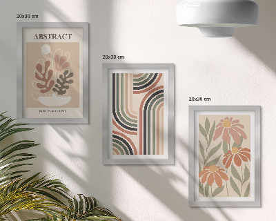 Conjunto de 3 quadros decorativos Plantas abstratas e padrões em tons pastel.