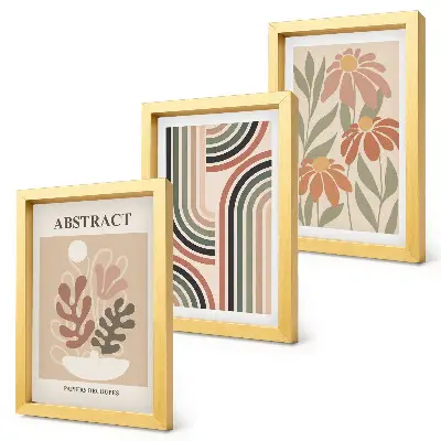 Conjunto de 3 quadros decorativos com estampas de plantas abstratas e padrões em tons pastel