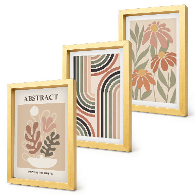 Conjunto de 3 quadros decorativos Plantas abstratas e padrões em tons pastel.
