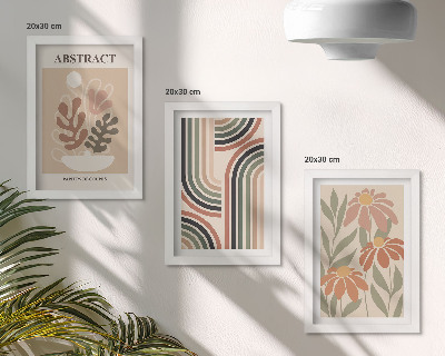 Conjunto de 3 quadros decorativos Plantas abstratas e padrões em tons pastel.