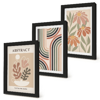 Conjunto de 3 quadros decorativos Plantas abstratas e padrões em tons pastel.