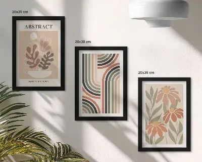 Conjunto de 3 quadros decorativos com estampas de plantas abstratas e padrões em tons pastel