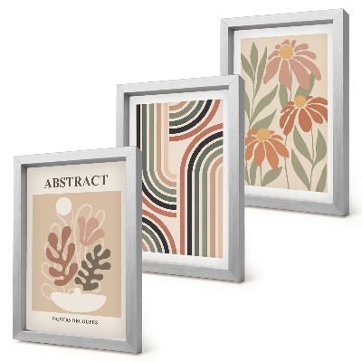 Conjunto de 3 quadros decorativos Plantas abstratas e padrões em tons pastel.