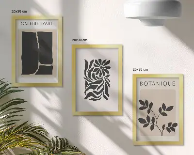 Conjunto de quadros com imagens com padrões abstratos de plantas e formas geométricas