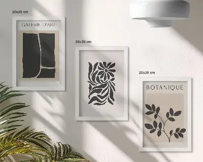 Conjunto de quadros com imagens com padrões abstratos de plantas e formas geométricas