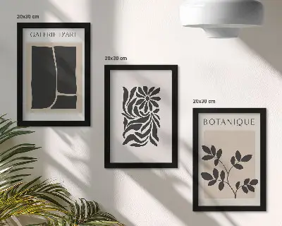 Conjunto de quadros com imagens com padrões abstratos de plantas e formas geométricas
