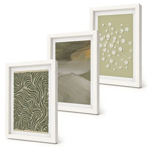 Conjunto de 3 quadros decorativos com padrões ondulados e abstratos de flores boho