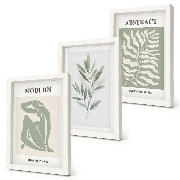 Tríptico com moldura de plantas boho em aquarela design estilo Matisse