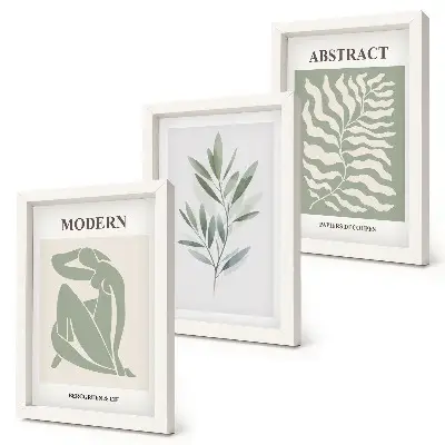 Tríptico com moldura de plantas boho em aquarela design estilo Matisse