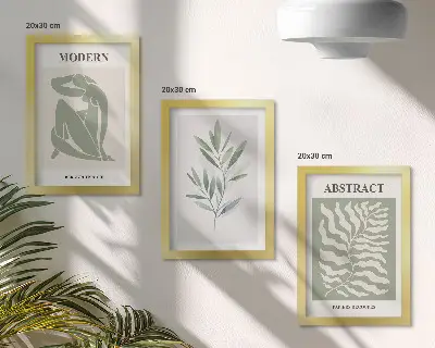 Tríptico com moldura de plantas boho em aquarela design estilo Matisse