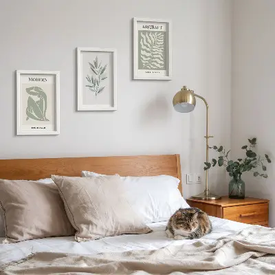 Tríptico com moldura de plantas boho em aquarela design estilo Matisse