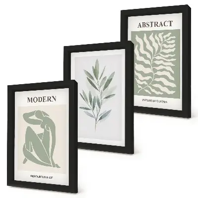 Tríptico com moldura de plantas boho em aquarela design estilo Matisse