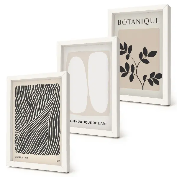 Conjunto de 3 quadros decorativos com estampas florais e linhas minimalistas em tons neutros