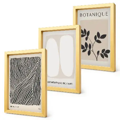 Conjunto de 3 quadros decorativos com estampas florais e linhas minimalistas em tons neutros