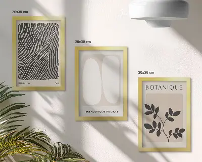 Conjunto de 3 quadros decorativos com estampas florais e linhas minimalistas em tons neutros