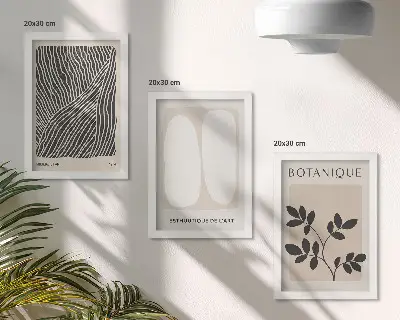Conjunto de 3 quadros decorativos com estampas florais e linhas minimalistas em tons neutros