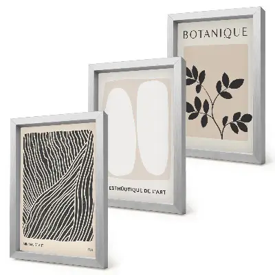 Conjunto de 3 quadros decorativos com estampas florais e linhas minimalistas em tons neutros