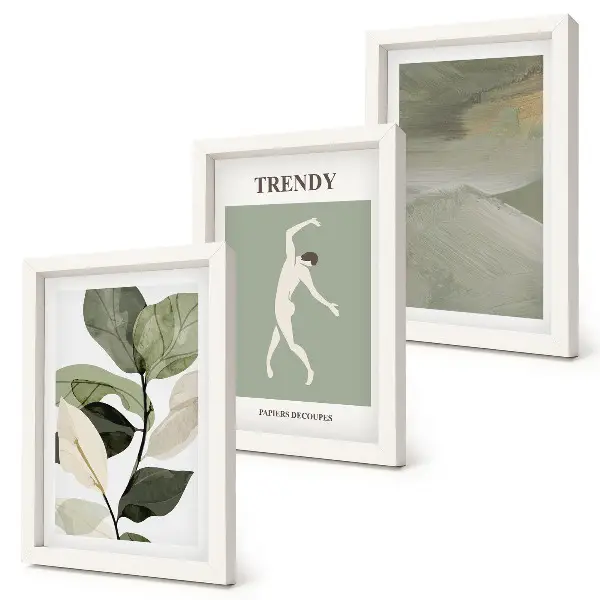 Conjunto de quadros decorativos com imagens com padrões de plantas, silhuetas e formas abstratas