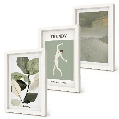 Conjunto de quadros decorativos com imagens com padrões de plantas, silhuetas e formas abstratas