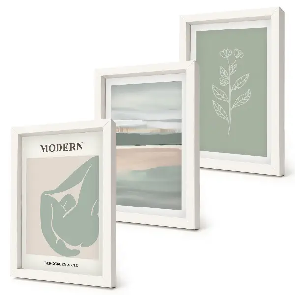Conjunto de 3 quadros decorativos com formas abstratas em tons pastel e plantas
