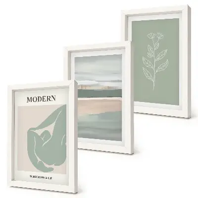 Conjunto de 3 quadros decorativos com formas abstratas em tons pastel e plantas