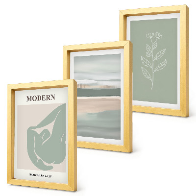 Conjunto de 3 quadros decorativos Formas abstratas em tons pastel com plantas