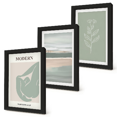 Conjunto de 3 quadros decorativos Formas abstratas em tons pastel com plantas