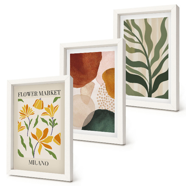 Conjunto de 3 quadros decorativos Motivos florais com formas abstratas e folhas