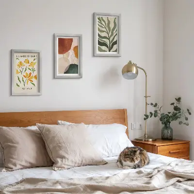 Conjunto de 3 quadros decorativos com motivos florais, formas abstratas e folhas