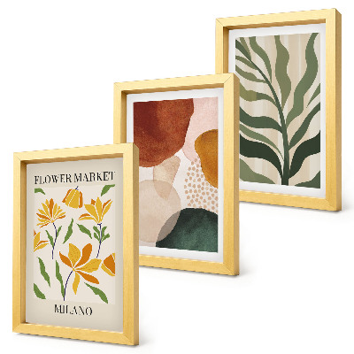 Conjunto de 3 quadros decorativos Motivos florais com formas abstratas e folhas