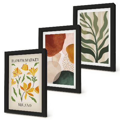 Conjunto de 3 quadros decorativos Motivos florais com formas abstratas e folhas