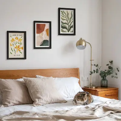 Conjunto de 3 quadros decorativos com motivos florais, formas abstratas e folhas