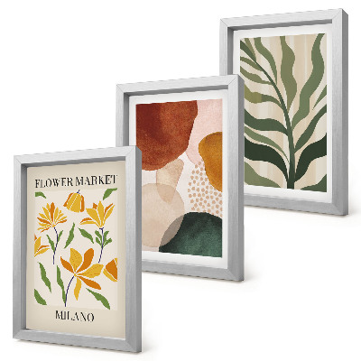 Conjunto de 3 quadros decorativos Motivos florais com formas abstratas e folhas