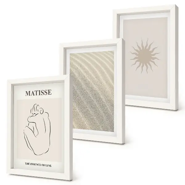 Conjunto de 3 quadros decorativos com estampa de linhas minimalistas, areia, ondas e sol
