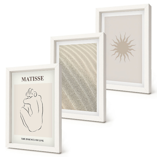 Conjunto de 3 quadros decorativos Linhas minimalistas, areia, ondas e sol.