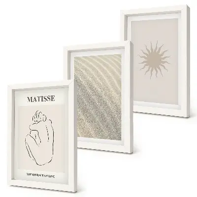 Conjunto de 3 quadros decorativos com estampa de linhas minimalistas, areia, ondas e sol