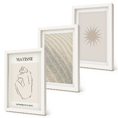 Conjunto de 3 quadros decorativos Linhas minimalistas, areia, ondas e sol.