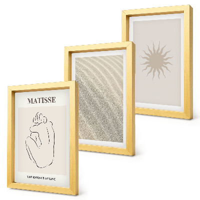 Conjunto de 3 quadros decorativos Linhas minimalistas, areia, ondas e sol.