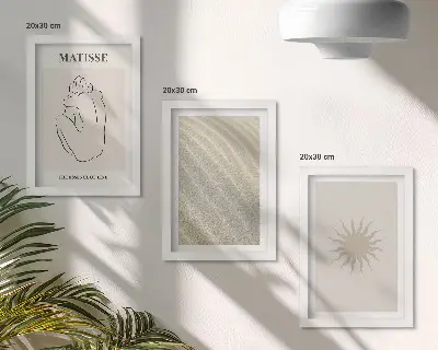 Conjunto de 3 quadros decorativos com estampa de linhas minimalistas, areia, ondas e sol