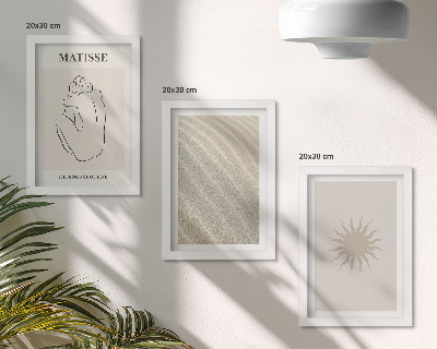 Conjunto de 3 quadros decorativos Linhas minimalistas, areia, ondas e sol.