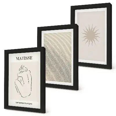 Conjunto de 3 quadros decorativos com estampa de linhas minimalistas, areia, ondas e sol